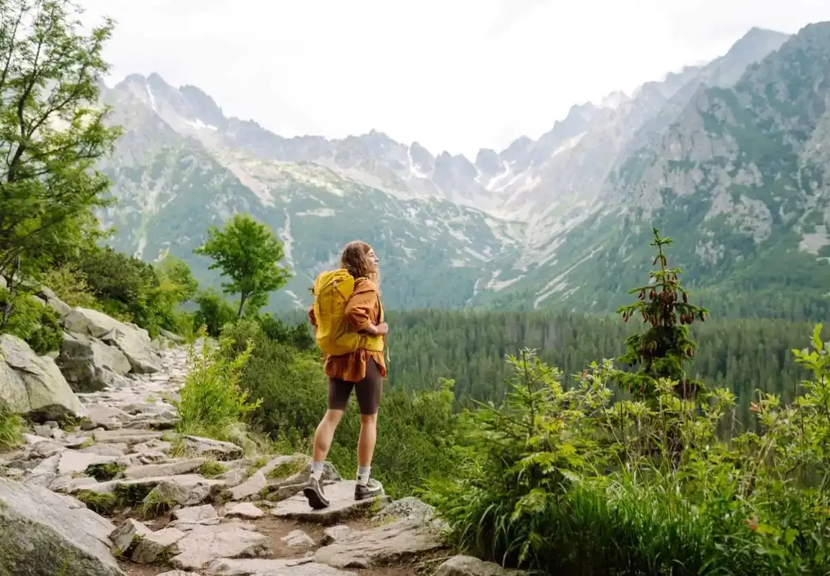Hiker with a backpack standing on a rocky trail, surrounded by lush greenery and mountains in the background.